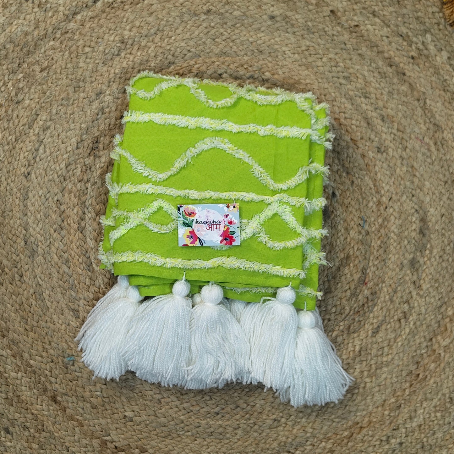 Lime Polyester Tufted Sofa Cover with White Tassels