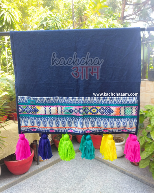 Navy Cotton Slub Solid Fridge Cover with Jacquard Fabric Pockets & Neon Tassels
