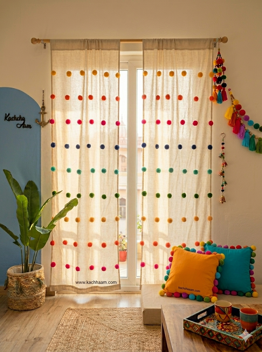 Rainbow Pompom Cream Curtains