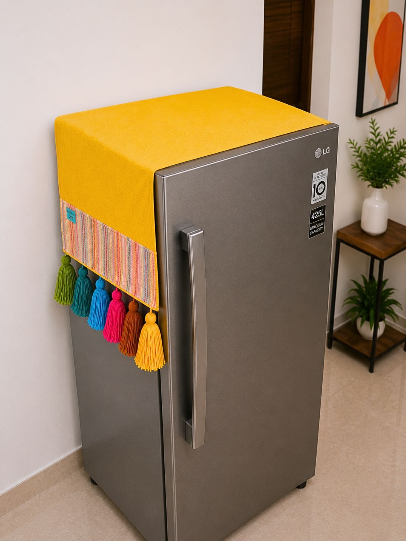 Marigold Cotton Slub Solid Fridge Cover with Multicolored Jacquard Fabric Pockets and Rainbow Tassel