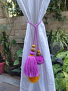 Curtain Tie Backs Yellow Lav Pompom & Tassel with Wooden Beads (Set of 2)