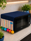 Navy Blue Cotton Slub Solid Microwave Cover with Multicolored Jacquard Fabric Pockets and Rainbow Pompom