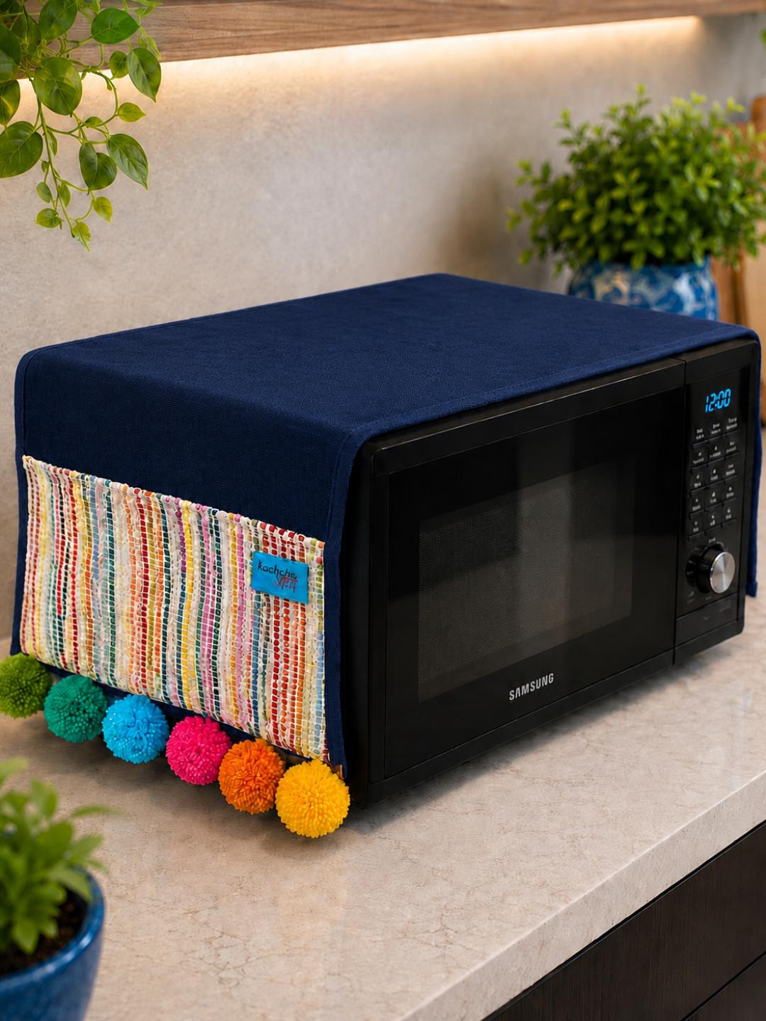 Navy Blue Cotton Slub Solid Microwave Cover with Multicolored Jacquard Fabric Pockets and Rainbow Pompom