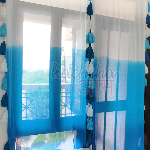 Blue Ombre Dyed Tassel Curtains (Cotton & Sheer)