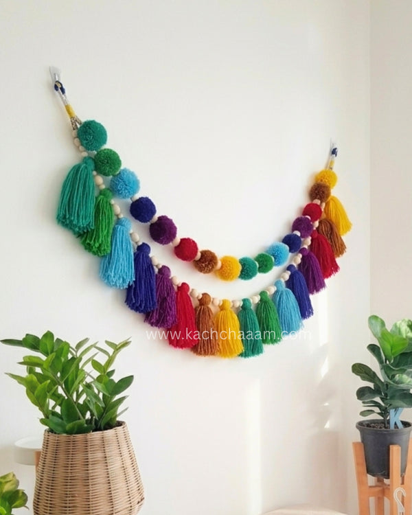 2 Layered VIBGYOR Pompom and Tassel Wool Bunting Wall Decor