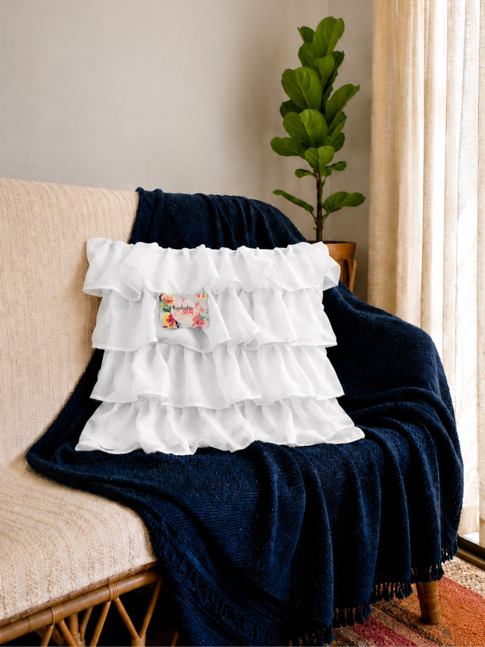 Georgette Ruffles Cotton Cushion Cover in White - 16x16 Inches with Quality Lining