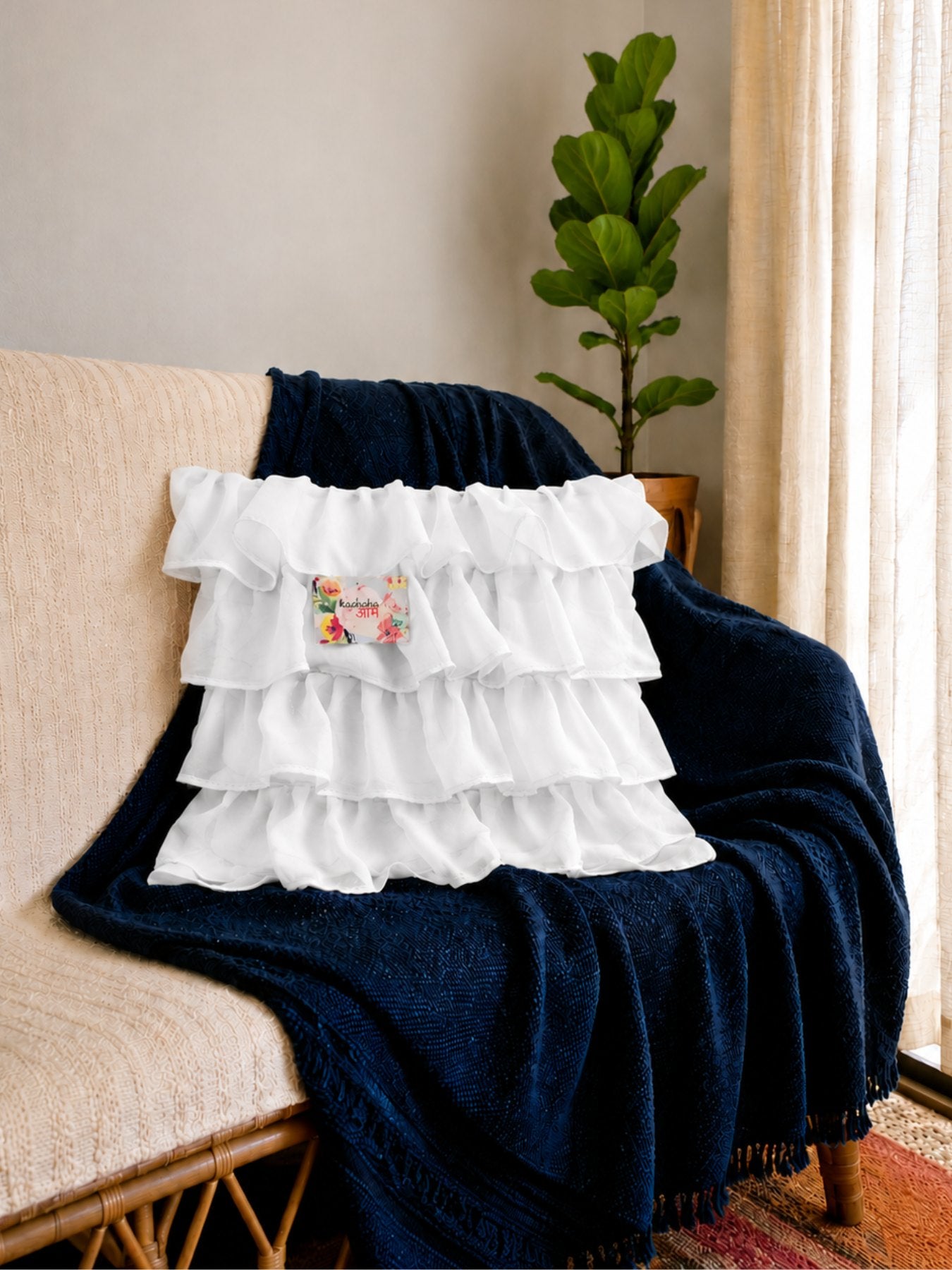Georgette Ruffles Cotton Cushion Cover in White - 16x16 Inches with Quality Lining