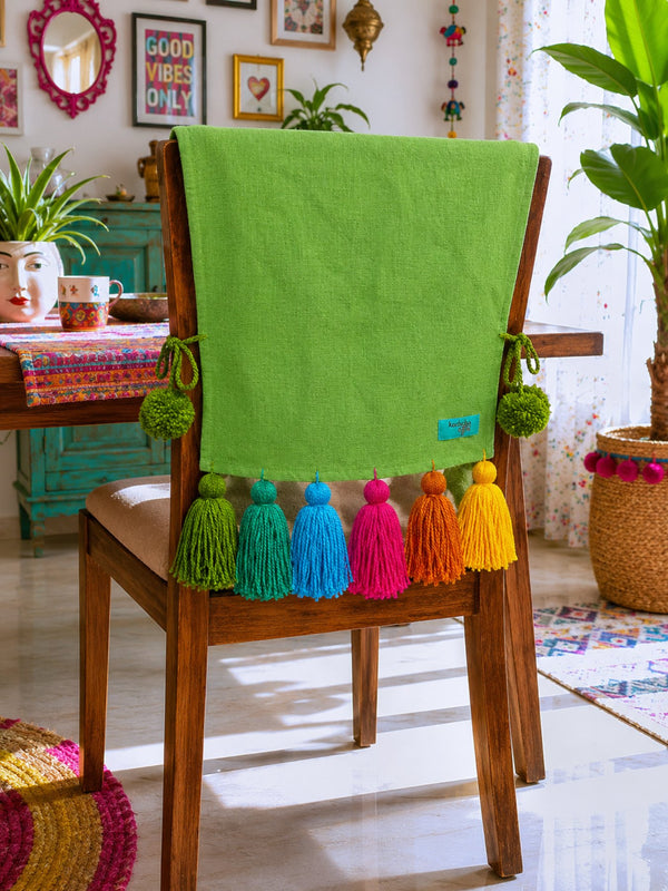 Green Cotton Slub Chair Cover with Rainbow Tassels