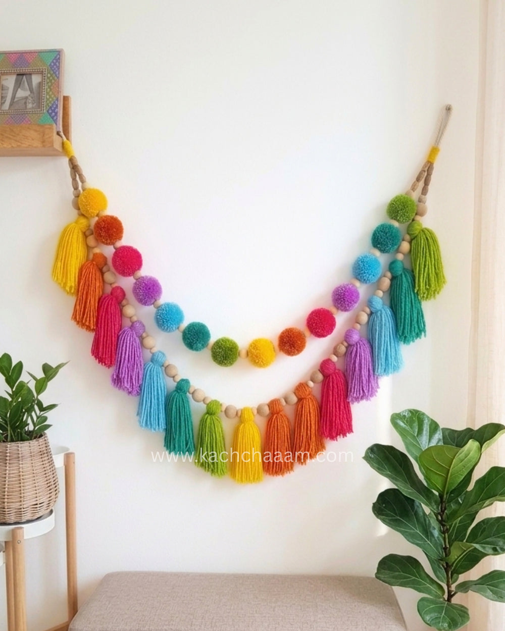 2 Layered Rainbow Pompom and Tassel Wool Bunting Wall Decor