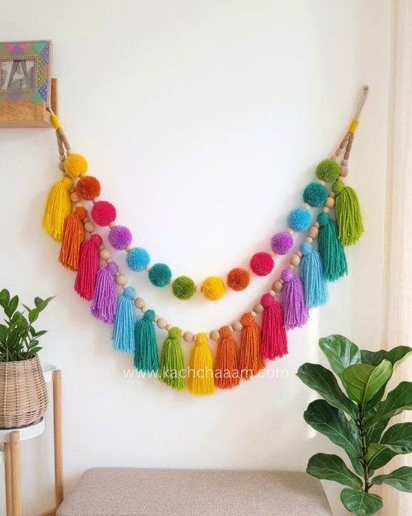 2 Layered Rainbow Pompom and Tassel Wool Bunting Wall Decor
