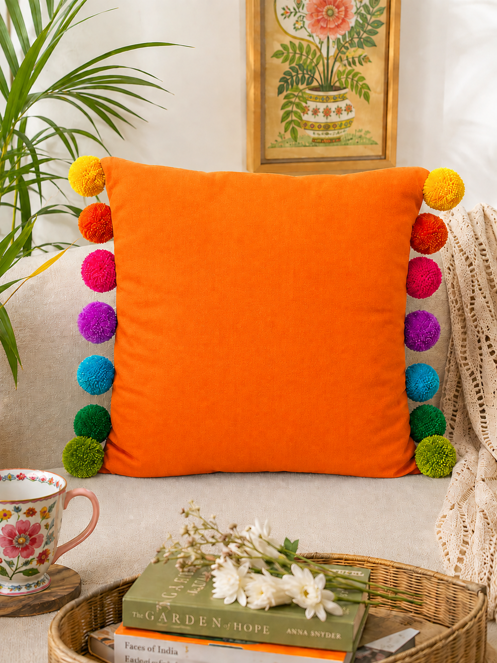Rainbow Pompom Orange Cotton Cushion Cover with Lining