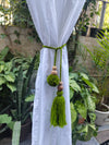 Curtain Tie Backs Green Pompom & Tassel with Wooden Beads (Set of 2)