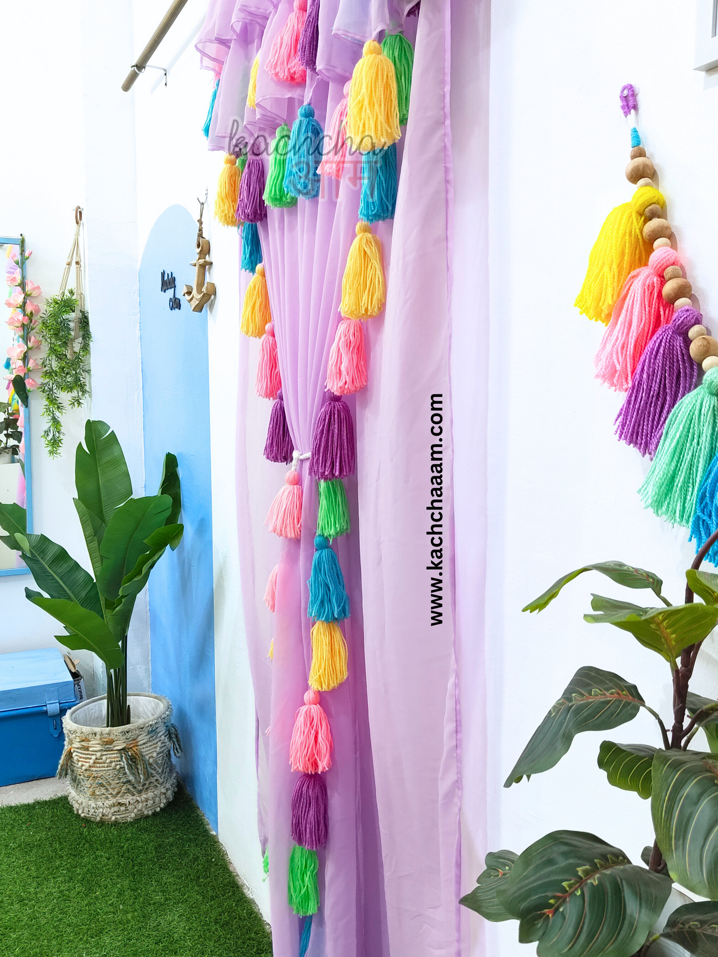 Celestial Tassel Double Layered Lavender Curtain with Two Frills on Top