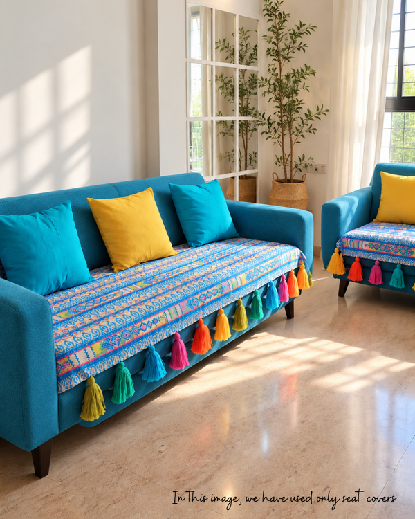 Blue Motif Jacquard Slub Sofa Cover with Rainbow Tassels