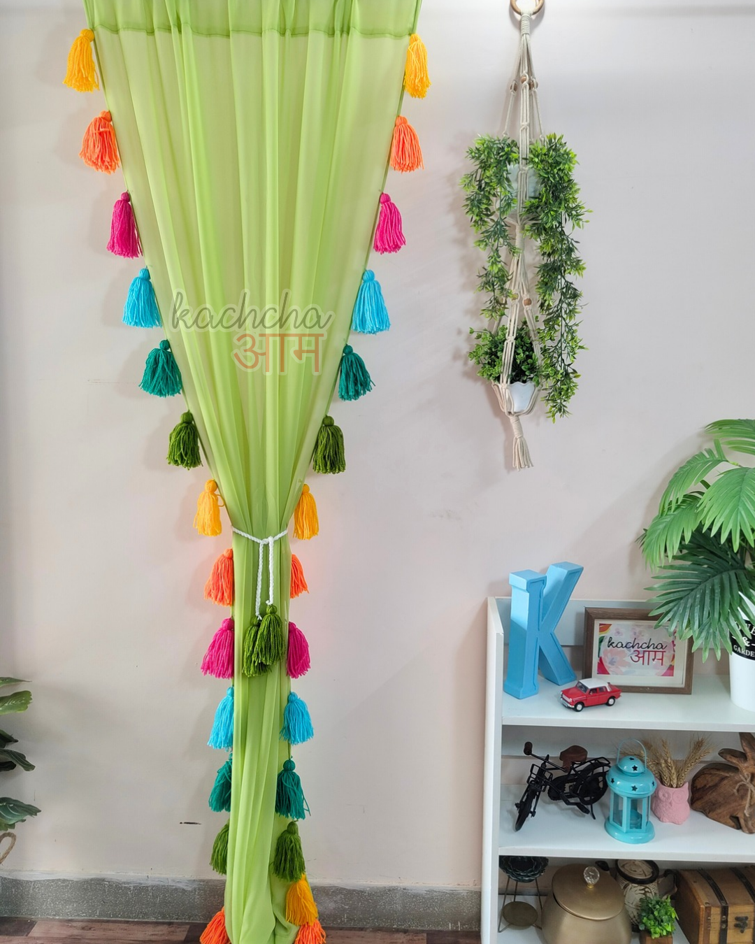 Rainbow Tassel Pista Green Curtains (Cotton/Sheer)