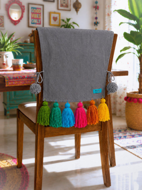 Grey Cotton Slub Chair Cover with Rainbow Tassels