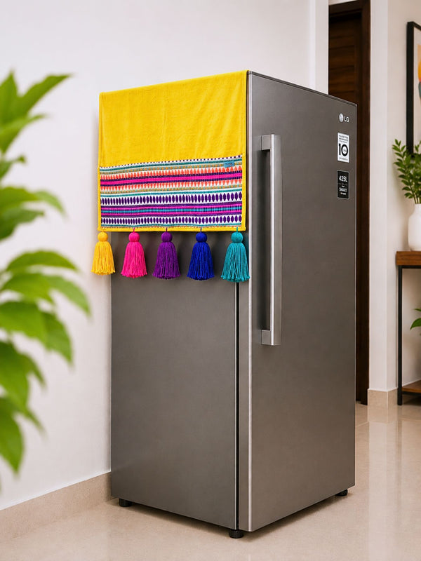 Yellow Cotton Slub Solid Fridge Cover with Purple Jacquard Fabric Pockets & Multi Tassels