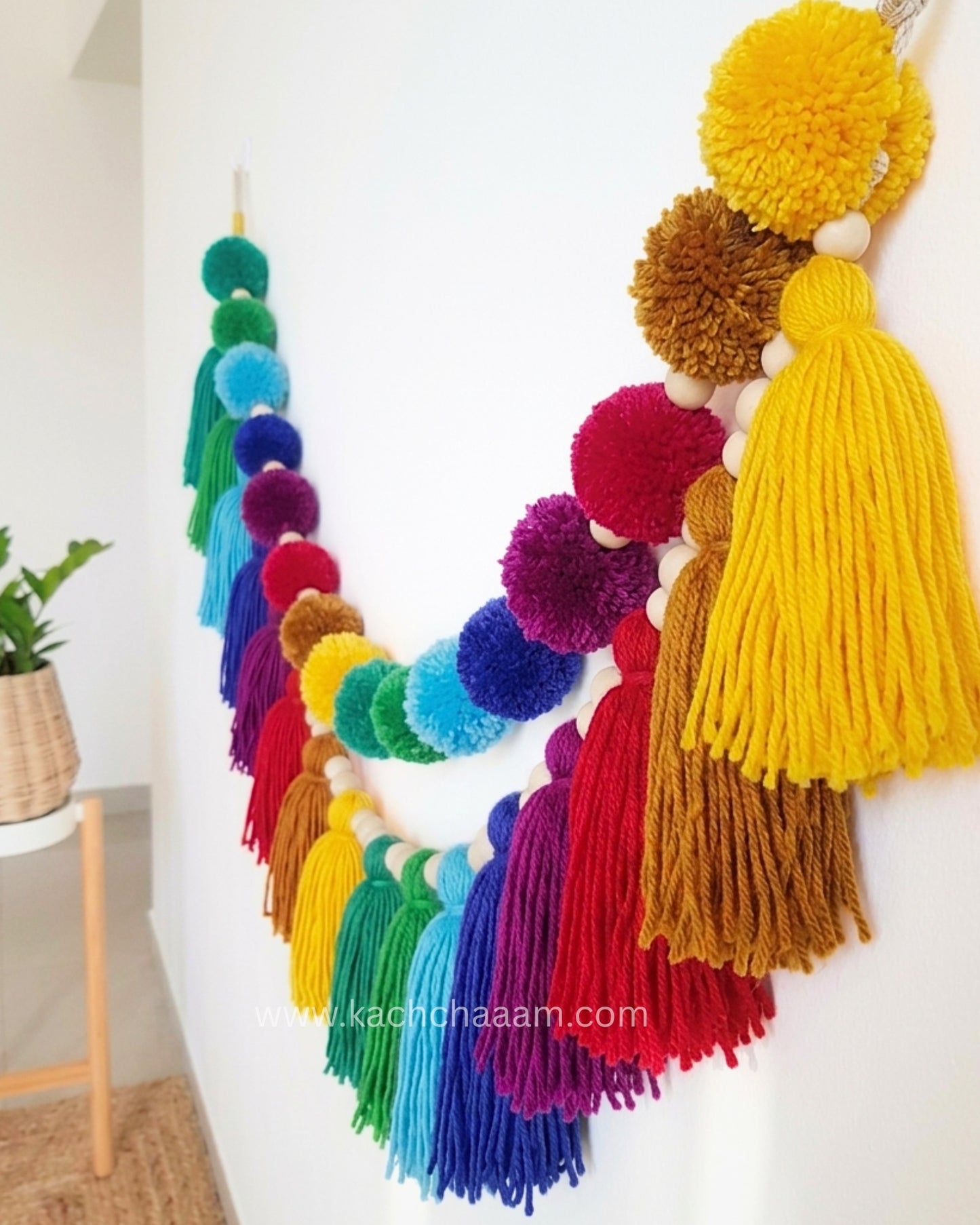2 Layered VIBGYOR Pompom and Tassel Wool Bunting Wall Decor