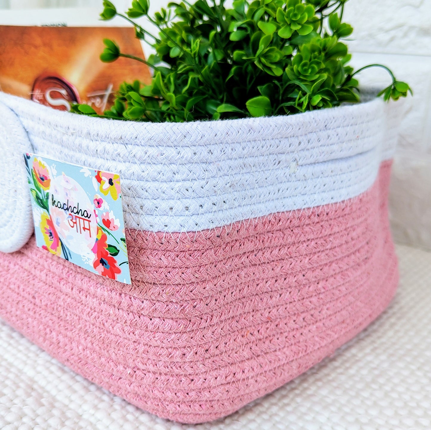 Pink & White Rectangle Cotton Rope Organizer Basket